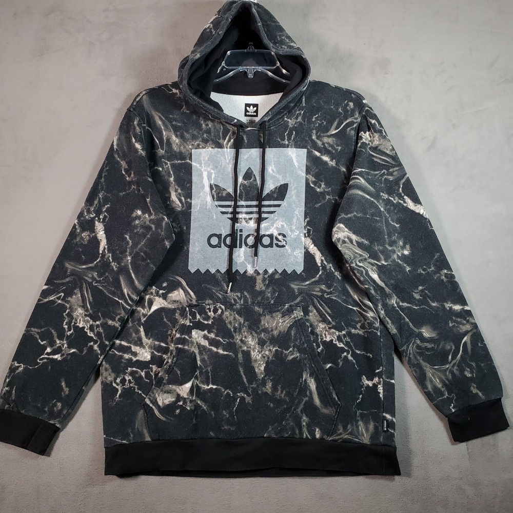 Adidas Hoodie Mens L Black Marbled Center Logo Pullover Grunge Skater Streetwear